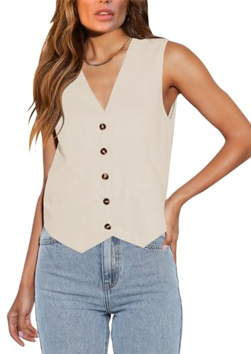 Floral Find Womens Casual Button Down Sleeveless Vest Fully Lined V Neck Business Jacket Waistcoat with Pocket (Beige, Small)