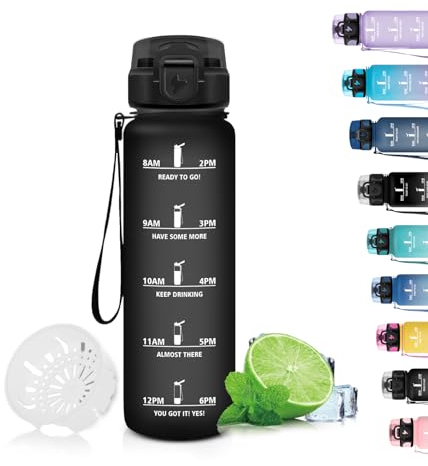 Grsta Trinkflasche, 500ml Trinkflasche Kinder, Trinkflasche Auslaufsicher mit Filter, Trinkflasche mit Zeitmarkierung, Leicht zu Reinigen, Trinkflasche Sport für Schule, Fahrrad, Gym, Camping, Black