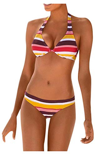 Generico Bikini Push Up Imbottito Imbottito Push Up Donne Boho Stripes Push Up Bandeau Bikini Set Costumi da bagno a due pezzi Bikini Super Push Up Imbottito Costumi Da Bagno Costume Donna (Orange, S)