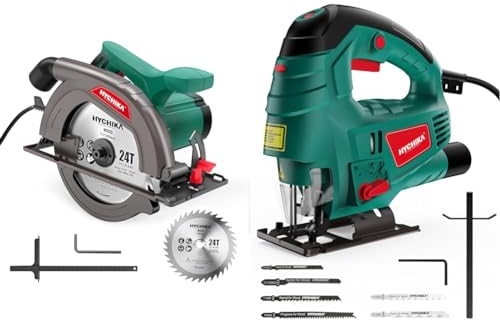 Scie Circulaire, 1300W 4500RPM HYCHIKA 185mm Scies Circulaires Électriques Filaire & Scie Sauteuse HYCHIKA 800W, Avec Moteur en Cuivre Puissant, 800-3000SPM Tours par Minute