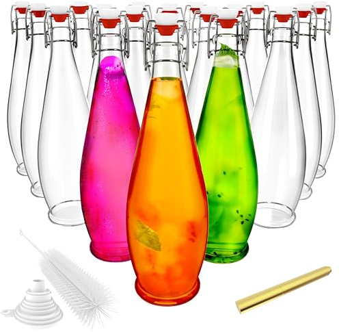 Nevlers Botellas de vidrio con tapa hermética de 935.5 g, con tapa hermética, paquete de 18, botella de vidrio duradera con tapón, embudo, cepillo y marcador, juego de botellas de fermentación de 1