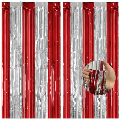 2pcs Red Silver Glitter Tinsel Curtains, 3.2x6.5ft Shimmer Party Foil Door Curtains Metallic Fringe Tassel Tinsel Backdrop for Stranger Theme Xmas Party Décor