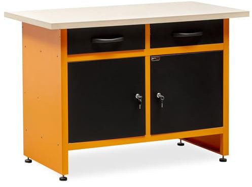 METALLMOBELL - Banco de Trabajo Profesional | 120x60x84cm, Cajones y Armario con Llave | Mesa de Trabajo Taller, Banco de Trabajo Taller, Mesa Trabajo, Banco de Carpintero, Banco Herramientas MB06N