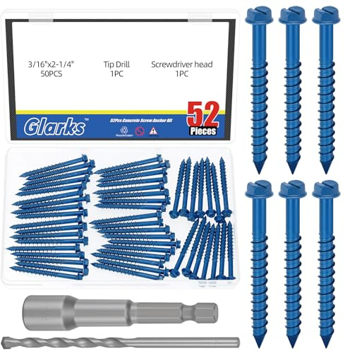 Glarks Juego de 102 tornillos de anclaje de tornillo hexagonal ranurado azul de 3/16 pulgadas, 5 tamaños, tornillos de anclaje de hormigón resistentes con broca para anclar mampostería, bloques