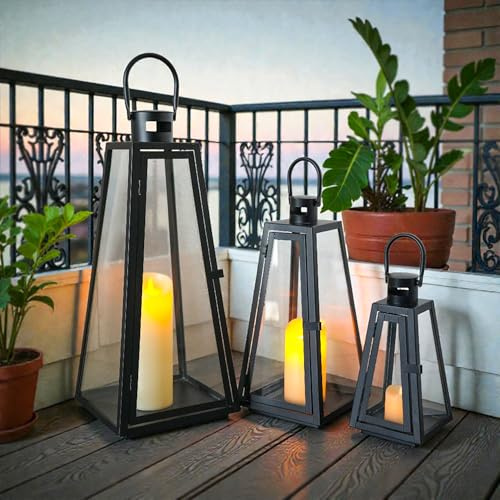 TRIROCKS Juego de 3 linternas decorativas de 54, 40 y 27,5 cm, portavelas de metal para exteriores, linternas colgantes con vidrio templado para Navidad, fiestas, interior y exterior (negro)