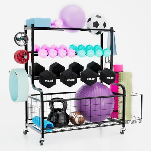 Lhysn Hantelablage – Extra stabiler Gewichtsständer für Zuhause & Fitnessstudio – Regal mit Rollen & Haken – Aufnahme für Hanteln, Kugelhanteln, Yoga-Blöcke + Matte – Fitness-Organizer