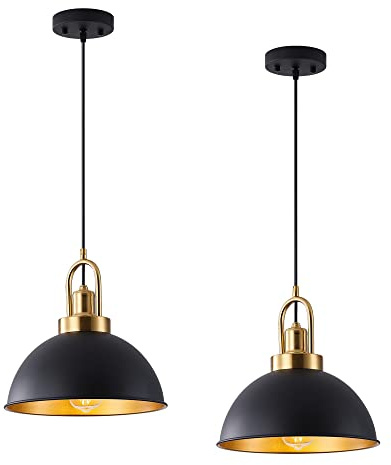 Black Pendant Ceiling Lights for Kitchen Island, E27 Metal Shade 2 Pack | Vintage industrial design, adjustable hanging height, metal shade, ideal for kitchen island, bedroom, hallway, living room