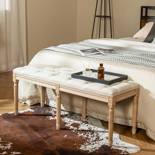 GIANTEX Banco de Entrada para 2 Personas, Taburete para Pie de Cama con Asiento Acolchado y Patas de Madera de Caucho, Estilo Vintage, 120x40x49cm, Banco para Recibidor, Salón, Dormitorio