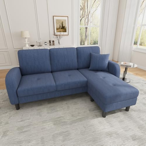 Sofá esquinero en Forma de L con Chaise Longue, de Tres plazas, 166 x 118 x 77 cm, Tejido de Pana Transpirable, Patas de plástico, diseño Modular, Ideal para el salón.(Azul)