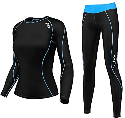 Women’s Thermal Base Layer Set Compression Top & Leggings Fleece Lined Winter Underwear Set Quick Dry Breathable 4-Way Stretch Sports Base Layer for Running,Gym & Cycling (Black Sky Blue, M)