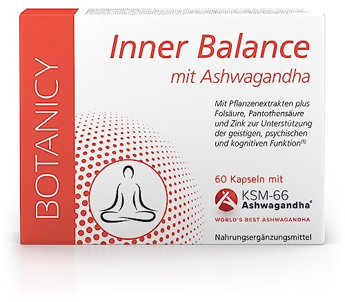 BOTANICY Inner Balance - 60 Ashwagandha Kapseln mit BIO KSM-66 - Alternative zu Anti Stress Tabletten - Indische Schlafbeere, Ginkgo Biloba, Rosenwurz, Vitamin B5 und B9 plus Zink - Laborgeprüft