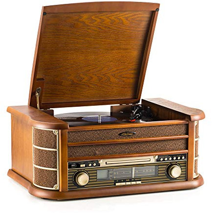 SHUMAN Chaîne Stéréo en Bois 7 en 1 - Platine Vinyle, Lecteur CD,Lecteur MP3,sans Fil,Port USB,Tuner Radio FM,Enregistrement,Sortie Ligne RCA, avec Télécommande - Brun (MC250BT)