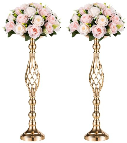 Versatile Metal Flower Arrangement Stand & Pillar Candles Holder Set for Wedding Party Dinner Centerpiece Event Restaurant Hotel Decoration (2 x L, Gold)