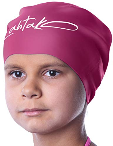 Badekappe für Kinder mit Langen Haaren - Komfort-Silikon Badehaube für Mädchen & Jungen mit Zöpfen, Locken & Dreadlocks - Lockerer Sitz, schont Kopf & hält Haare meist trocken (Wine, S)