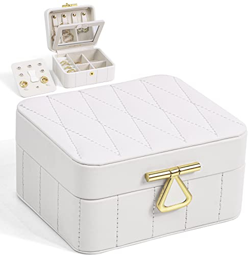 KAMIER Kleine Schmuckkästchen, Schmuckkästchen Reise, Spiegel Schmuckbox, Schmuckaufbewahrung Damen PU-Leder mit Schmuck Organizer Aufbewahrung für Halskette, Ohrringe, Armbänder Weiß