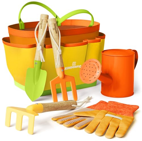 Kinderific Gardening Set, Tool Kit, for Kids, STEM, Includes Tote Bag, Spade, Watering Can, Rake, Fork, Trowel and Gloves (Sunshine)