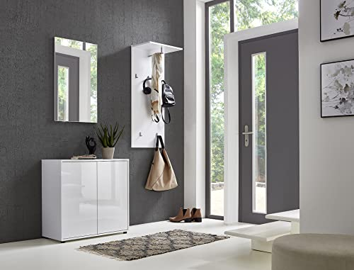 BMG Möbel Garderoben-Set Mailand 4 inkl. Spiegel, Wandpaneel mit hochwertigen Metallhaken, Grifflose Fronten in Hochglanz Weiß lackiert