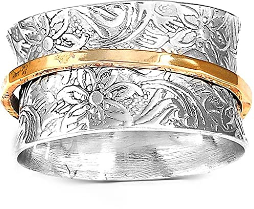 Jude Jewelers Stainless Steel Floral Pattern Chunky Size Rotating Spinner Band Ring (Silver Gold, 12)