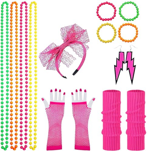 RosyFate 80-tals outfit dam, 80-tals damkostym, näthandskar rosa, manschett rosa, pannband, halsband, armband, örhängen, 80-talet outfit dam neon