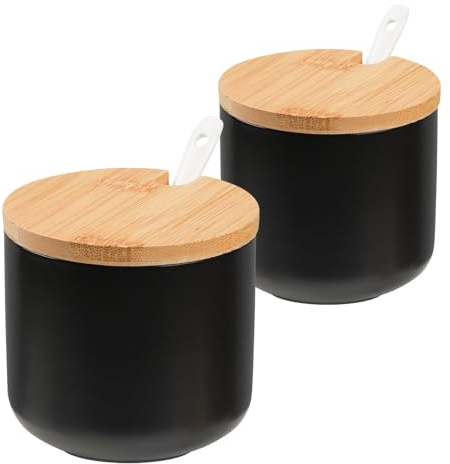 VanEnjoy Set of 2 Black Sugar Bowl with Lid 10oz Ceramic Sugar Bowl Salt Cellar with Lid and Spoon Salt Jar for Seasoning Sugar Container with Spoon