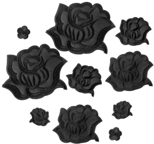 COMNICO 10 toppe termoadesive a forma di rosa nere per vestiti, riparazione tessuti, ricamate, con 5 misure, per giacche, jeans, maglioni, cappelli, scarpe, borse, design