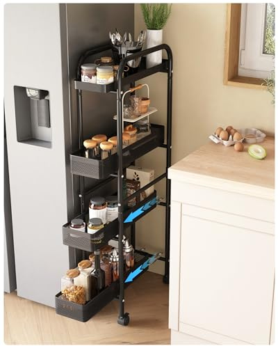 UMDONX Métallique Chariot de Cuisine étroit avec Tiroirs Coulissants,4 Niveaux étagère Roulette Etroite,Chariot de Service à roulettes,Chariots de Rangement pour Cuisine Bain Salon Balcon(Noir)