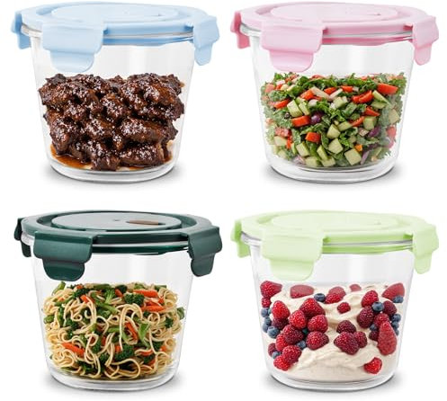 Mapille 4 Boîtes Alimentaire Hermétique en Verre avec Couvercle, 710ml Meal Prep Boîte Repas Rond, Boite de Conservation Verre, Récipient Alimentaire Réutilisable, Lunch Box Verre Passe au Micro-ondes