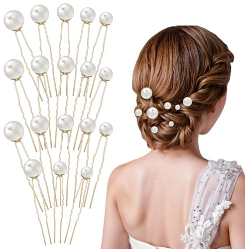 18Pcs Pearl Hair Pins Different Size Pearl Bobby Pins U Shaped Wedding Hair Accessories Hairs Clips for Brides Bridesmaids Women, Gold