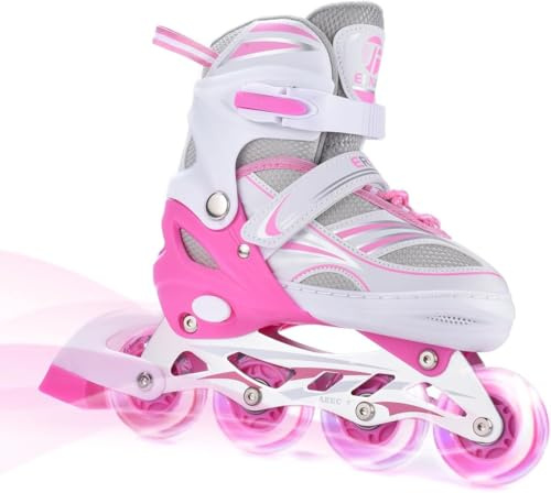 ERNAN Patines en línea, Patines en línea Ajustables iluminados para niños, Patines en línea para niños y niñas,jóvenes, Principiantes (Pink, M)