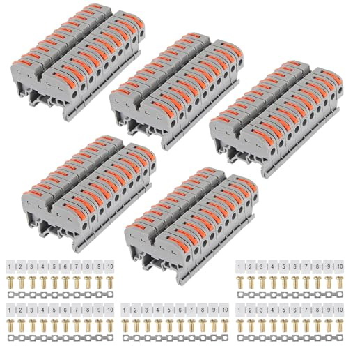 50 Pcs DIN Rail Terminal Blocks Kit Compact Lever Connectors 28-12 AWG, 2pcs Connection Bar Marker Strips, 20pcs Screws, Universal Wiring Cable Kit for Electrical Control Panels - Gray