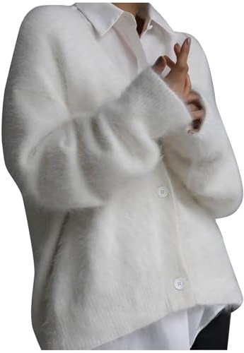 Cardigan da donna autunno cashmere maglione – Morbido cardigan in lana cardigan con bottoni peluche aperto davanti a maglia tinta unita morbido cardigan corto per donna, #03 Bianco, M