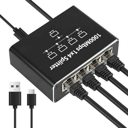 Switch LAN 1 a 4, Gigabit 1000 Mbps, Switch De Red Ethernet con 4 Puertos, Distribuidor Compacto Rj45 De Aluminio con Fuente De Alimentación USB-C para Router, Pc, TV, Consola