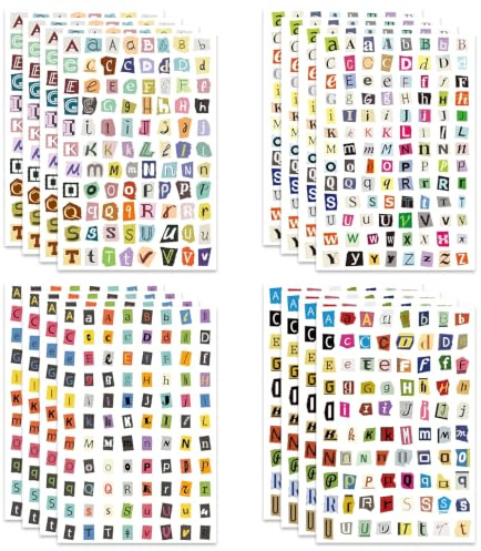 EAVUYIS 16 Hojas 336 Piezas Letras Adhesivas Vintage para Scrapbooking, Pegatinas Letras Colores de Estilo Revista para Journaling, Manualidades y Álbum de Fotos, Etiquetas Alfabeto Impermeables