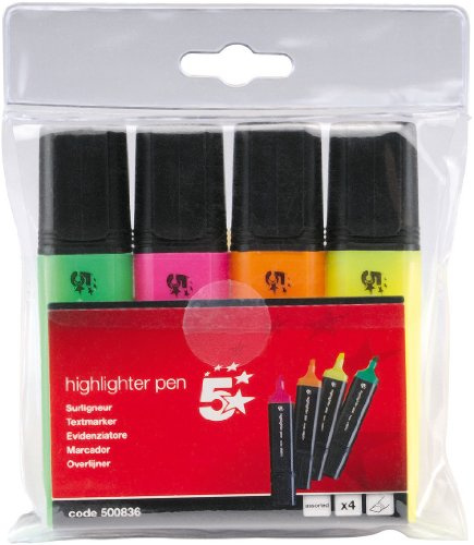 5 Star Highlighters Chisel Tip 1-5mm Line Assorted [Wallet 4]