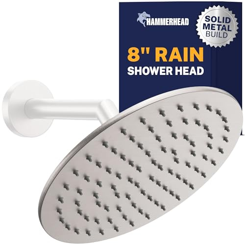 HammerHead Showers® Solid Metal 8 Inch Rainfall Shower Head – BRUSHED NICKEL - Shower Head Rainfall - 2.5 GPM High Flow Shower Head Optimized for Pressure – Large Round Rain Shower Heads