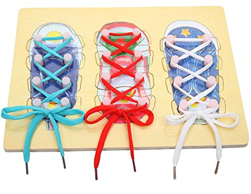 Natureich wooden shoe puzzle for children shoes for learning to tie a bow, tie threading shoes wooden shoes - motor skills toys incl. laces, Montessori material motor skills wooden toys from 3 years