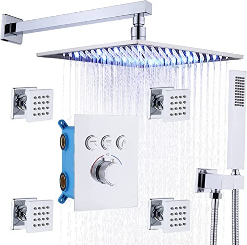 Delnet Thermostatic Shower System with Body Jets Concealed Chrome 12 Inch Wall Mounted LED Rain Shower System Set, Can Run Simultaneously