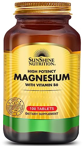 Sunshine Nutrition High Potency Magnesium with Vitamin B6, hochdosiert, 100 vegane Tabletten, hochdosiert, Laborgeprüft, Vegetarisch, Sojafrei, Glutenfrei, Ohne Gentechnik
