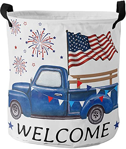 Cesto De La Ropa Sucia Fuegos Artificiales De La Bandera Estadounidense Del Camión Azul Lavandería Cestas Grande Cesta De Almacenamiento Impermeable Cestos De Lavandería,40X50Cm