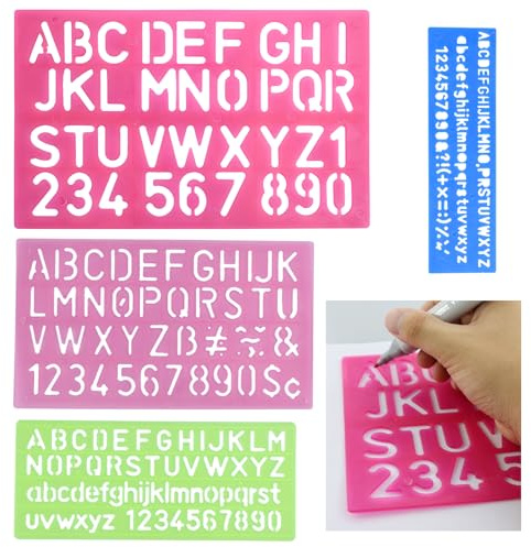 Set di 4 stencil con lettere in plastica, stencil alfabeto, lettere, piccoli numeri, stencil per bambini, stencil da disegno, pittura, apprendimento, fai da te (colori misti e dimensioni)