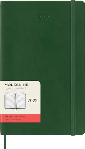 Moleskine Daily Planner, 12-Month Daily Agenda 2025, Soft Cover and Elastic Closure, Myrtle Green Color, Large Format 13x21 cm
