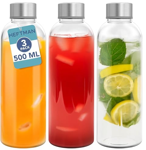 HEFTMAN Botellas de vidrio con tapas, paquete de 3 botellas de agua de vidrio vacías de 500 ml, herméticas, a prueba de fugas, tapas de acero inoxidable, agua, batidos, botellas de jugo con tapas y