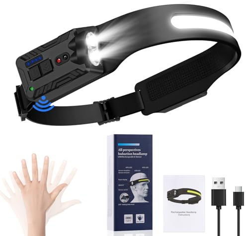 Oderra Torcia Frontale LED Ricaricabile, Lampada Frontale, Sensore di Movimento, 8 Modalità di Illuminazione, Con Indicatore di Batteria, Impermeabile IPX4, Lampada Frontale per Campeggio ed Emergenza