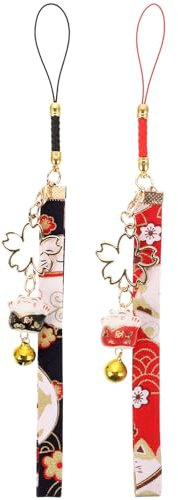 Awleynz Porte-clés porte-bonheur pour téléphone portable - Motif chat chinois - Anime japonais - Pour voiture, sac, portefeuille - Rouge et noir, S, Tissu Métal