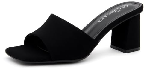 Shoe Land 3 Inch Block Heels for Women – Square Open Toe Slip-On Heeled Mules | Chunky Heel Dressy & Casual Sandals for Party, Wedding, Office | 2025 Trendy, 2901BlackNubuck, Size 8.0, Crypress