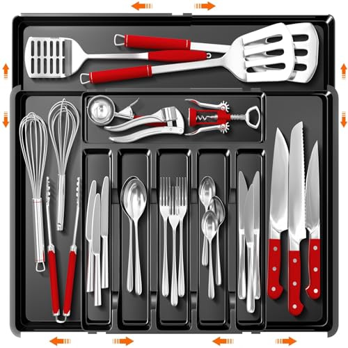 CEBERVICE Large Silverware Organizer, Expandable BPA Free Kitchen Silverware Drawer Organizer, 9 Slots Cutlery Utensil Tray with Dividers, Adjustable Flatware Storage Holder for Spoons Forks Knives