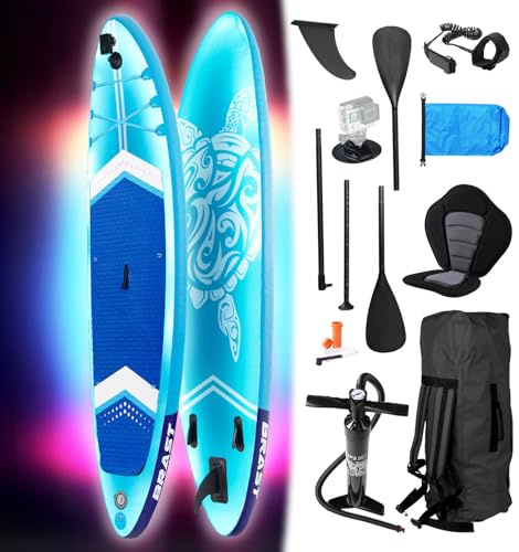 BRAST SUP Board mit LEDs | Aufblasbares Stand up Paddling Set | 320x81x15cm | 4 Designs | LED-Beleuchtung | 200kg Tragkraft | 5 Jahre Garantie | 2in1 Paddel Kajak-Sitz Action-Cam-Halterung Fußschlaufe