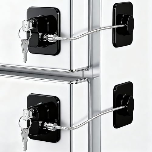 Solaverano 2 Pcs Serrure de Réfrigérateur avec Clé, Serrure de Sécurité Pour Enfants, Bloque Port Fenetre Sans Percer, avec Support AdhéSif, pour Bloque Porte Placard Armoire Tiroir, Noir