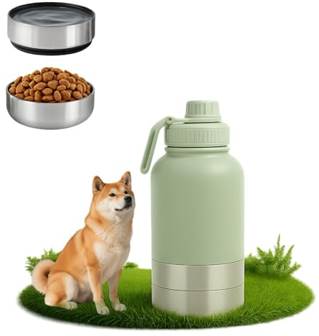 Husdjur hunddrickflaska för resor 1 000 ml, 2-i-1 rostfritt stål vattenflaska med koppar för hundar, med bärhandtag, perfekt för promenader, resor, utomhus, torrfoder och vatten (ärtgrön, 32 oz)
