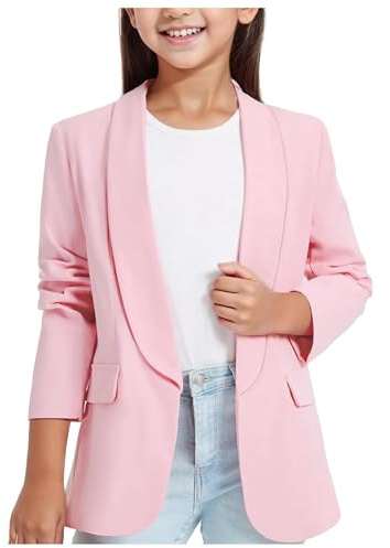 Camiseta de manga larga 140 cuello bufanda, chaqueta formal, chaqueta de traje, parte delantera abierta, bolsillo interior para niños, camiseta de verano para niñas, Rosa., 7-8 años